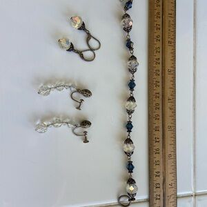 Vintage Crystal and Blue Bead Bracelet with 2 pair matching earrings